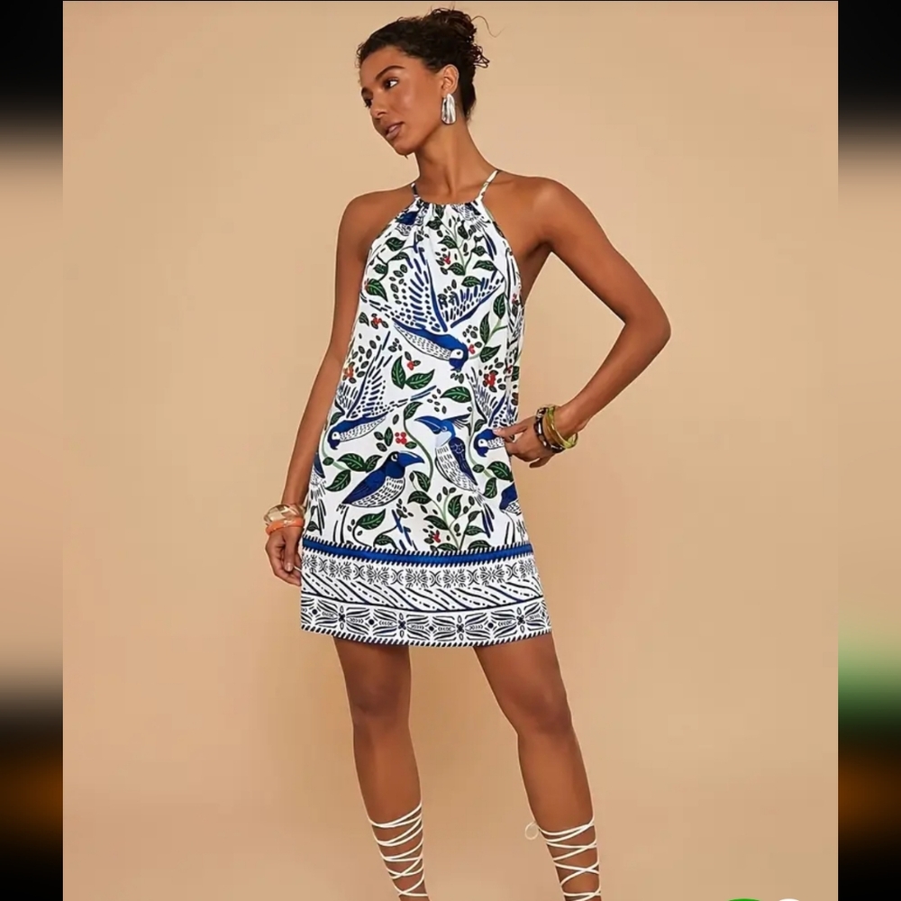 Blue and White Bird Print Mini  Dress With Cut In Shoulders